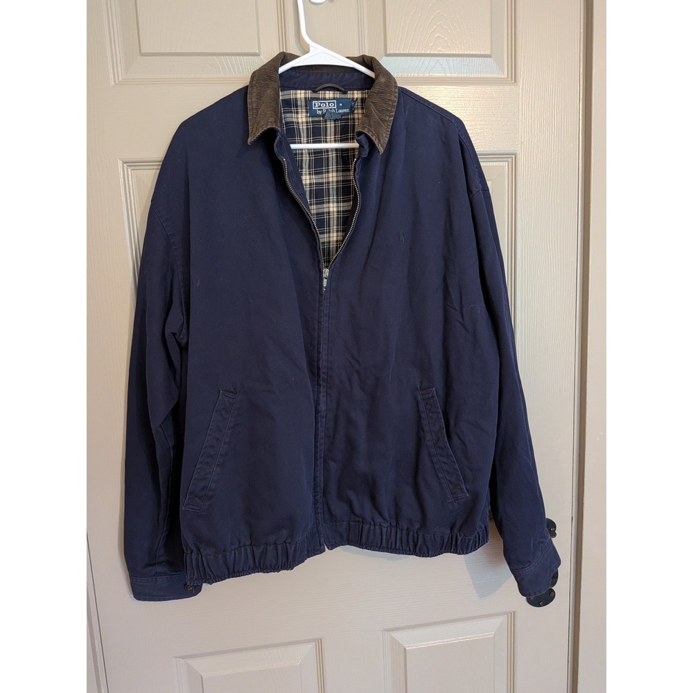 Vintage Polo Ralph Lauren Harrington Jacket Navy Blue Corduroy Collar Large